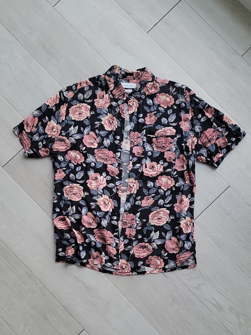 Urban Outfitters Black Short-Sleeve Button-Up with Pink Rose Print